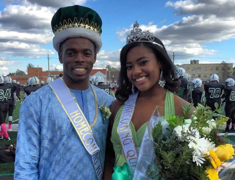 Elmont High School's 2015 homecoming king and queen, Joseph Olawoye and Kayla Babb, during ceremonies on Oct. 17, 2015. (Photo by Heather Doyle, Newsday.)