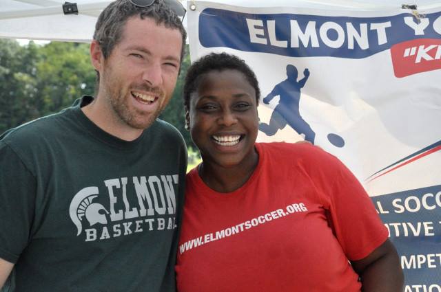 New Elmont Memorial Principal, Kevin Dougherty (left) is all smiles with a community member at the First Annual Elmont Family Fun Day on September 13th, 2015. (Source: Highlighting Success, Inc.)