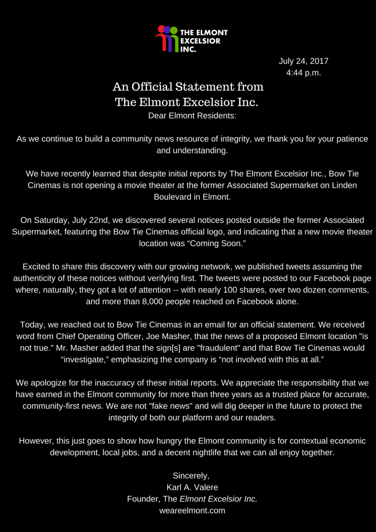The Elmont Excelsior Inc - An Official Statement on Bow Tie Cinemas Movie Theater
